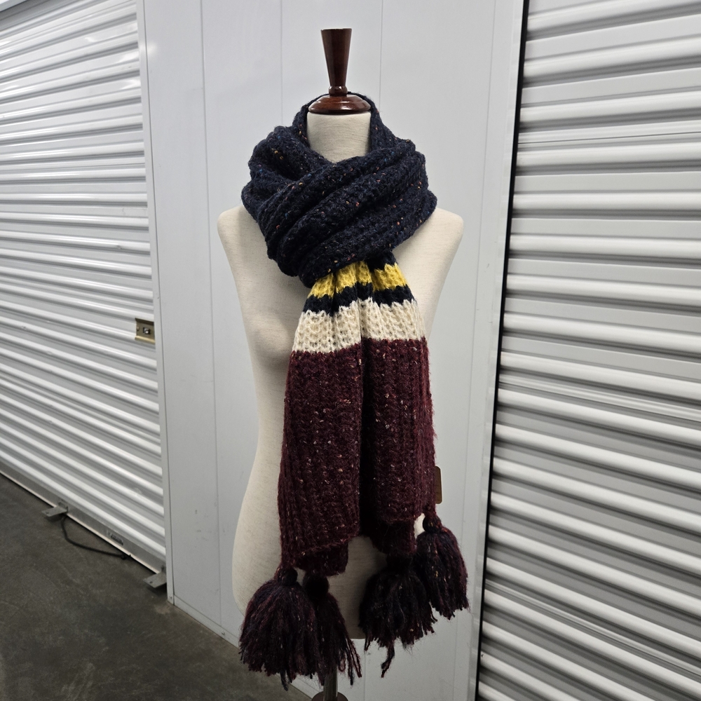 Free People Colorblock Knit Tassel Scarf Navy Burgundy Cream Striped